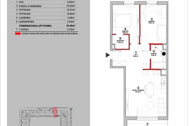 Rzut - Mieszkanie na sprzedaż 3 pokoje o powierzchni 63,49 m² - numer P9.03.5.86 w Osiedle Poematu II
