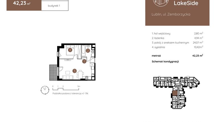 Rzut - Mieszkanie na sprzedaż 2 pokoje o powierzchni 42,23 m² - numer 1.B.0.09 w Murapol LakeSide