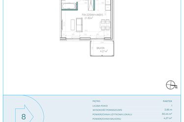 Rzut - Mieszkanie na sprzedaż 1 pokój o powierzchni 30,44 m² - numer D8 w Dwa Jeziora CD