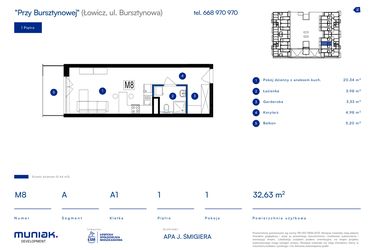 Rzut - Mieszkanie na sprzedaż 1 pokój o powierzchni 32,63 m² - numer 8A w Przy Bursztynowej