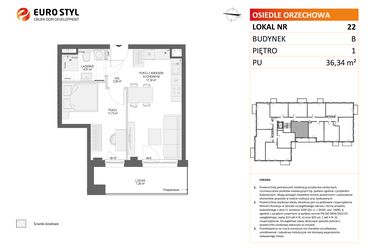 Rzut - Mieszkanie na sprzedaż 2 pokoje o powierzchni 36,34 m² - numer B22 w Osiedle Orzechowa