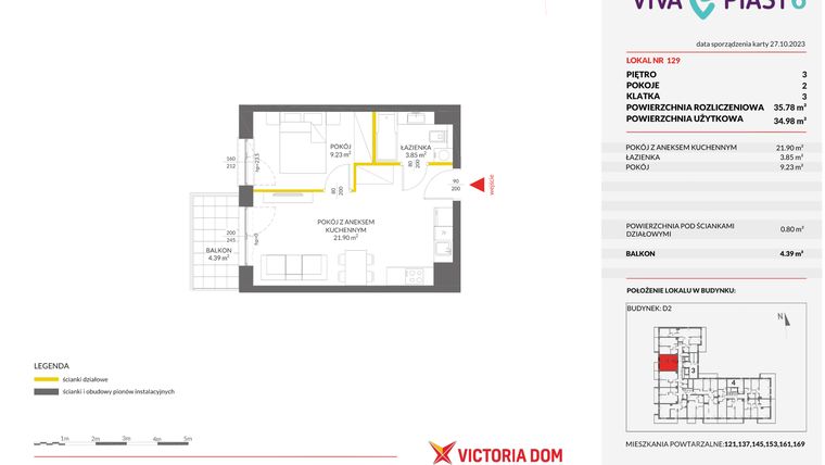 Rzut - Mieszkanie na sprzedaż 2 pokoje o powierzchni 35,78 m² - numer 129 w Viva Piast 6