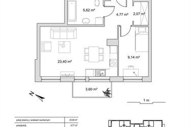 Rzut - Mieszkanie na sprzedaż 2 pokoje o powierzchni 45 m² - numer 6.11 w Vela Park bud. 6