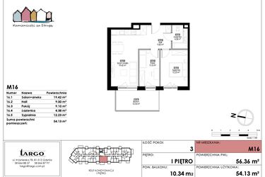 Rzut - Mieszkanie na sprzedaż 3 pokoje o powierzchni 54,13 m² - numer M16 w Kamieniczki za Strugą