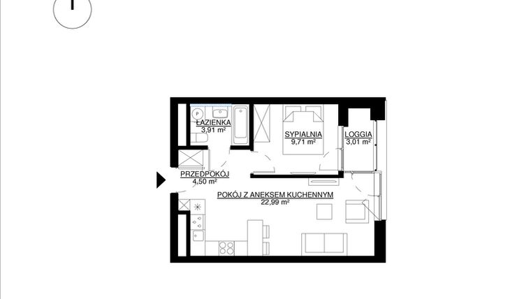 Rzut - Mieszkanie na sprzedaż 2 pokoje o powierzchni 41,11 m² - numer M114 w KrakoVska etap 2