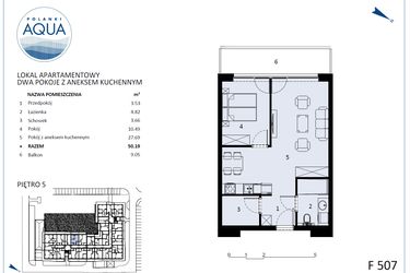 Rzut - Mieszkanie na sprzedaż 2 pokoje o powierzchni 49,01 m² - numer F507 w Polanki Aqua - budynek E i F