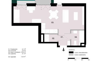 Rzut - Mieszkanie na sprzedaż 1 pokój o powierzchni 43,79 m² - numer M0.05 w Wola Vert