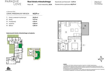 Rzut - Mieszkanie na sprzedaż 2 pokoje o powierzchni 42,27 m² - numer B.34 w Parkove Love