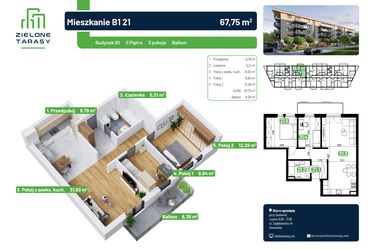 Rzut - Mieszkanie na sprzedaż 3 pokoje o powierzchni 67,75 m² - numer B1.21 w Zielone Tarasy