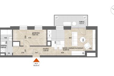 Rzut - Mieszkanie na sprzedaż 1 pokój o powierzchni 45,42 m² - numer 21 w Apartamenty Śródmieście