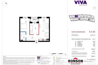 Rzut - Mieszkanie na sprzedaż 3 pokoje o powierzchni 54,82 m² - numer EA_26 w Viva Jagodno etap III