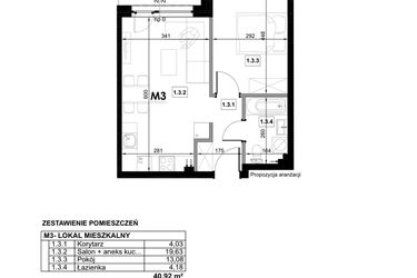 Rzut - Mieszkanie na sprzedaż 2 pokoje o powierzchni 40,92 m² - numer M3 w Miejska Premium II