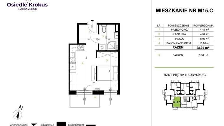 Rzut - Mieszkanie na sprzedaż 2 pokoje o powierzchni 28,04 m² - numer M15.C w Osiedle Krokus etap IV