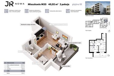 Rzut - Mieszkanie na sprzedaż 2 pokoje o powierzchni 40,92 m² - numer M35 w JR Nowa