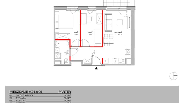 Rzut - Mieszkanie na sprzedaż 3 pokoje o powierzchni 50,47 m² - numer A.01.0.06 w Warszawska 58A