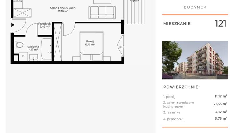 Rzut - Mieszkanie na sprzedaż 2 pokoje o powierzchni 40,45 m² - numer 121 w Mikusińskiego 25