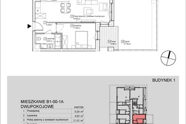Rzut - Mieszkanie na sprzedaż 2 pokoje o powierzchni 43,29 m² - numer B1-00-1A w Nowa Francuska