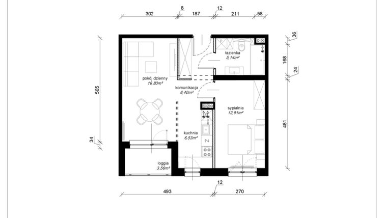 Rzut - Mieszkanie na sprzedaż 2 pokoje o powierzchni 47,78 m² - numer E.1.08.2k w Art.Teo etap 3