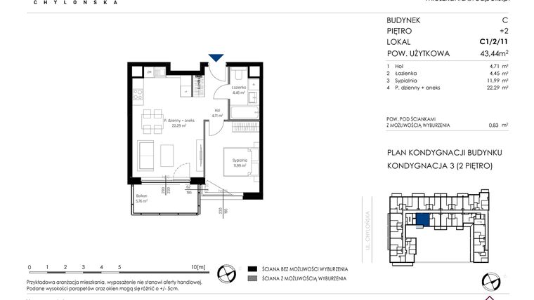 Rzut - Mieszkanie na sprzedaż 2 pokoje o powierzchni 43,44 m² - numer C1/2/11 w Chylońska STO10 etap III
