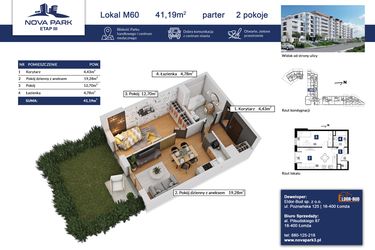 Rzut - Mieszkanie na sprzedaż 2 pokoje o powierzchni 41,19 m² - numer 60 w Nova Park etap III
