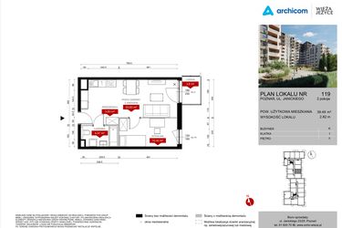 Rzut - Mieszkanie na sprzedaż 2 pokoje o powierzchni 39,49 m² - numer K.119 w Wieża Jeżyce etap V