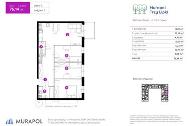 Rzut - Mieszkanie na sprzedaż 2 pokoje o powierzchni 76,14 m² - numer 2.B.3.03 w Murapol Trzy Lipki etap II