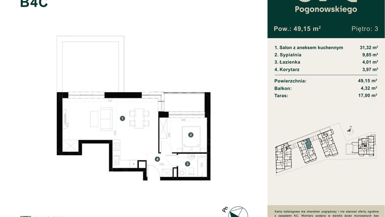 Rzut - Mieszkanie na sprzedaż 2 pokoje o powierzchni 49,15 m² - numer B-4C w Pogonowskiego 73