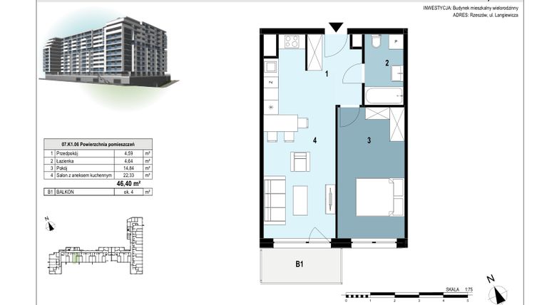 Rzut - Mieszkanie na sprzedaż 2 pokoje o powierzchni 46,4 m² - numer 07.K1.06 w Langiewicza 37