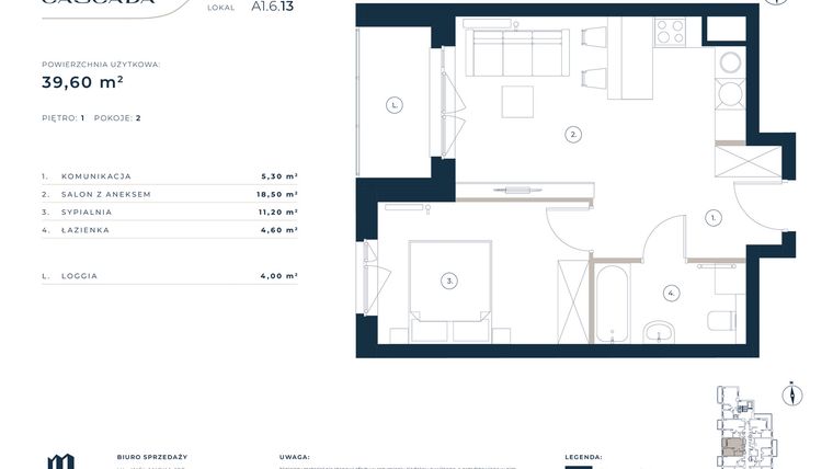 Rzut - Mieszkanie na sprzedaż 2 pokoje o powierzchni 39,6 m² - numer A1.6.13 w Cascada