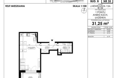 Rzut - Mieszkanie na sprzedaż 1 pokój o powierzchni 31,25 m² - numer JAR-II-B-LM-M35 w Osiedle JAR Heweliusza etap II