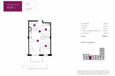 Rzut - Mieszkanie na sprzedaż 2 pokoje o powierzchni 43,89 m² - numer 1.B.7.03 w Murapol Urcity