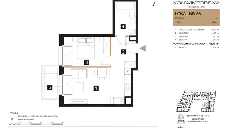 Rzut - Mieszkanie na sprzedaż 2 pokoje o powierzchni 43,98 m² - numer 26 w Konwiktorska Residence