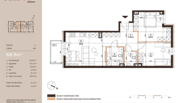 Rzut - Mieszkanie na sprzedaż 3 pokoje o powierzchni 68,9 m² - numer A8 w Domkove Widzew