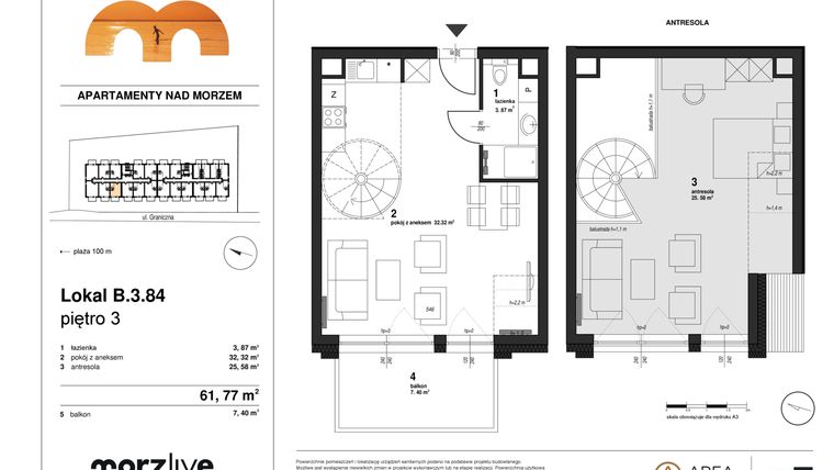Rzut - Mieszkanie na sprzedaż 1 pokój o powierzchni 61,77 m² - numer B.3.84 w Morzlive