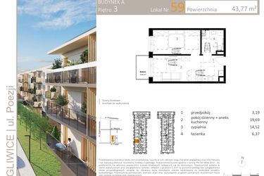 Rzut - Mieszkanie na sprzedaż 2 pokoje o powierzchni 43,87 m² - numer A.59 w Poezji