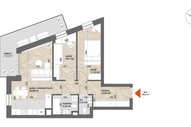 Rzut - Mieszkanie na sprzedaż 3 pokoje o powierzchni 60,91 m² - numer 41 w Apartamenty Śródmieście