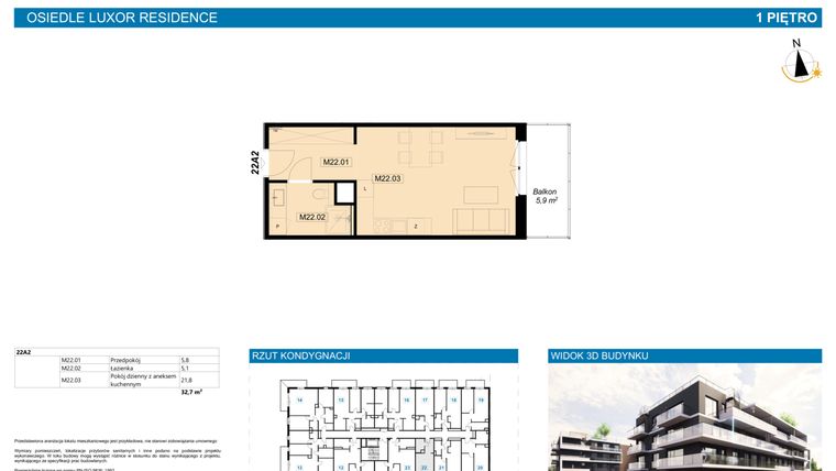 Rzut - Mieszkanie na sprzedaż 1 pokój o powierzchni 32,7 m² - numer A2.22 w Luxor Residence