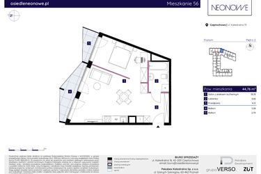 Rzut - Mieszkanie na sprzedaż 1 pokój o powierzchni 44,78 m² - numer 56 w Osiedle Neonowe