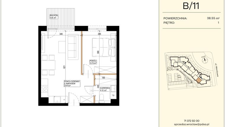 Rzut - Mieszkanie na sprzedaż 2 pokoje o powierzchni 38,55 m² - numer WA2/B/11 w Waniliowa