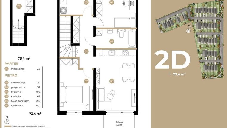 Rzut - Mieszkanie na sprzedaż 3 pokoje o powierzchni 73,4 m² - numer 2D w Kasprowicza 4