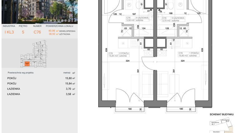 Rzut - Mieszkanie na sprzedaż 2 pokoje o powierzchni 38,92 m² - numer I-C76 w Industria etap I-D oraz I-C