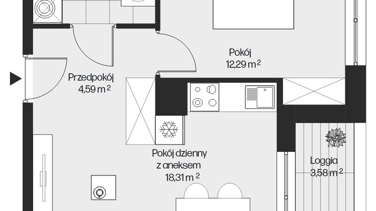 Rzut - Mieszkanie na sprzedaż 2 pokoje o powierzchni 39,57 m² - numer G1-115 w Piasta Park VI