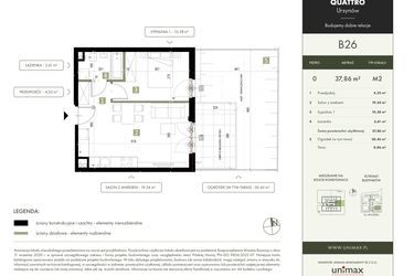 Rzut - Mieszkanie na sprzedaż 2 pokoje o powierzchni 37,86 m² - numer B26 w Quattro Ursynów