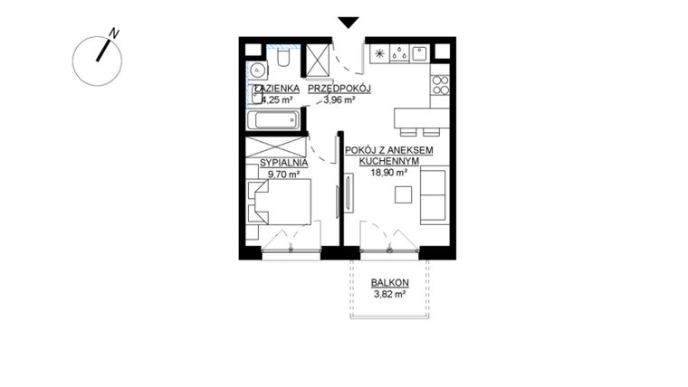 Rzut - Mieszkanie na sprzedaż 2 pokoje o powierzchni 36,81 m² - numer M83 w KWADRAT etap 2