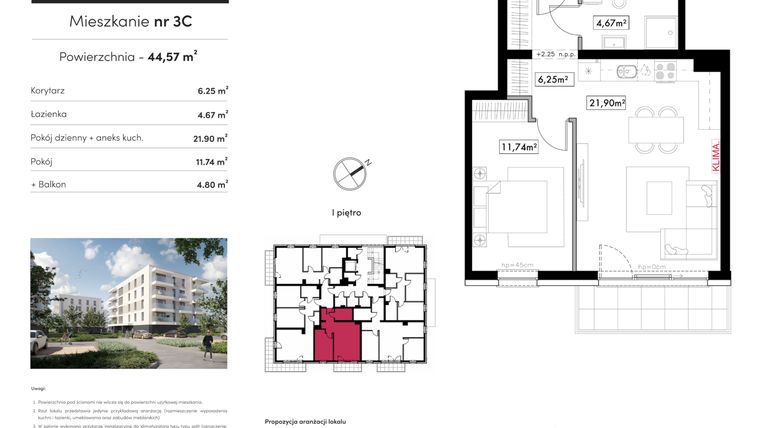Rzut - Mieszkanie na sprzedaż 2 pokoje o powierzchni 44,57 m² - numer B12.M3C w Novum Rumia