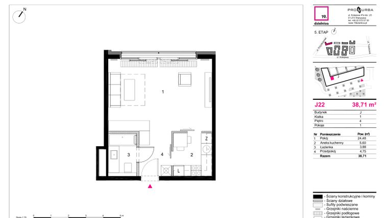 Rzut - Mieszkanie na sprzedaż 1 pokój o powierzchni 38,71 m² - numer J22 w 19. Dzielnica Etap V