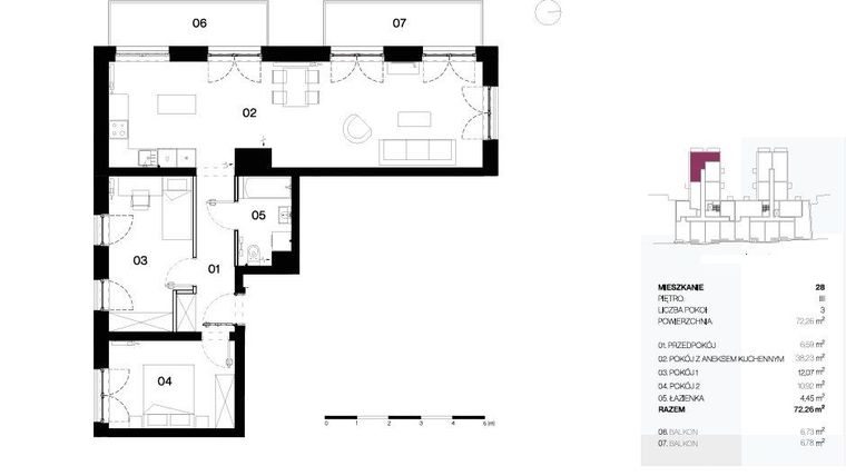 Rzut - Mieszkanie na sprzedaż 3 pokoje o powierzchni 72,26 m² - numer 28 w Wyszyńskiego 56