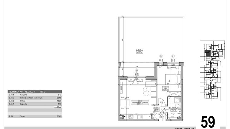 Rzut - Mieszkanie na sprzedaż 2 pokoje o powierzchni 44,02 m² - numer A.9.M.59 w Sobola Biel A9