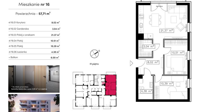 Rzut - Mieszkanie na sprzedaż 3 pokoje o powierzchni 57,58 m² - numer M16 w Novum Rumia - bud. 14