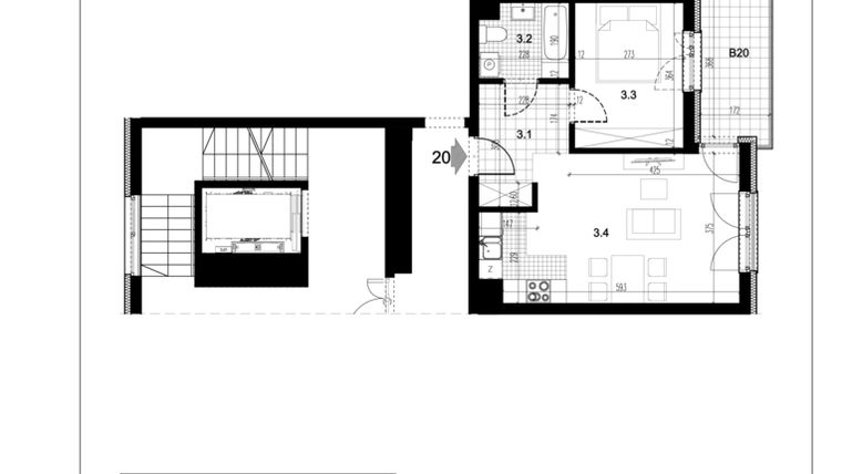 Rzut - Mieszkanie na sprzedaż 2 pokoje o powierzchni 41,13 m² - numer C1.20 w Centralna 51C
